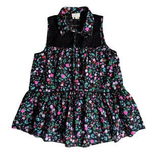 Kate Spade Black Floral Sleeveless Peplum Blouse M Lace Yoke Silk Blend